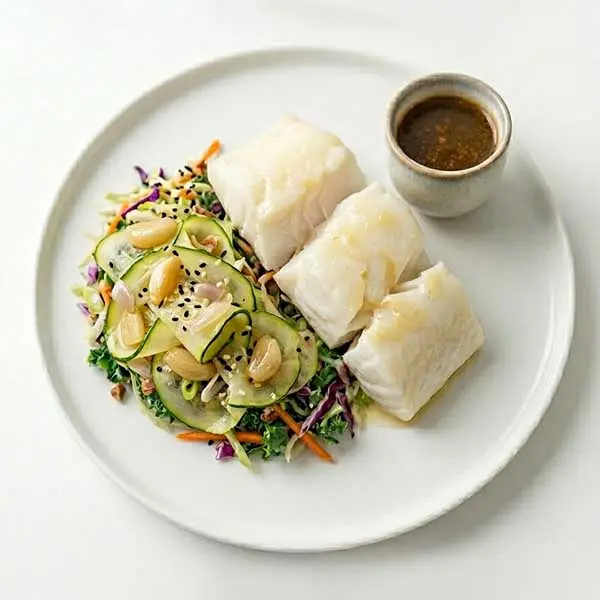 Butter-Poached fish with Confit Garlic Zucchini Shaves